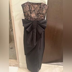 Kay Unger Black and Gold Strapless Dress with Bow Accent